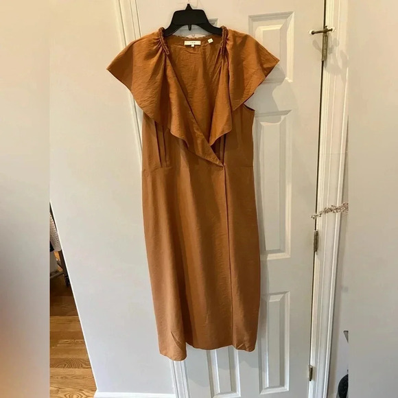 NWOT Vince Braid Trim Flutter Sleeve Wrap Dress Copper - Picture 5 of 6